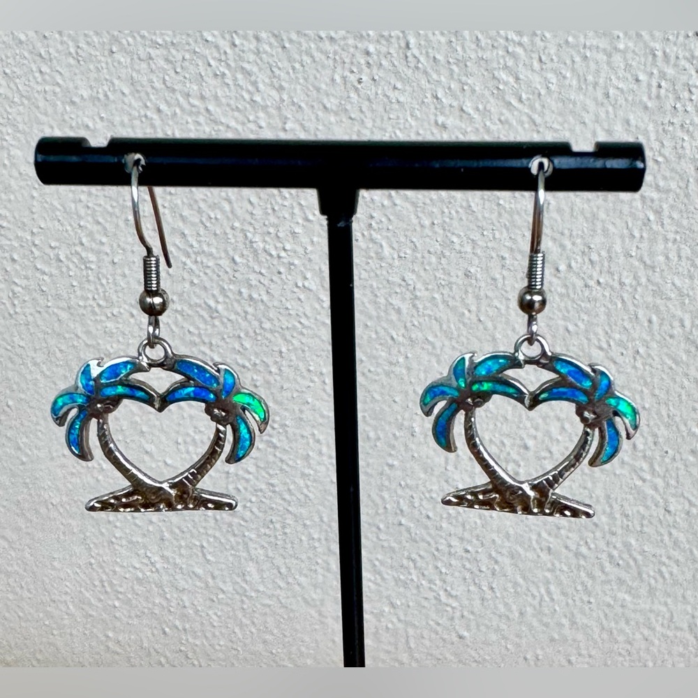 925 Sterling Silver Blue Opal Heart/Palm Tree Shape Dangle Earrings French Wire - Picture 10 of 10